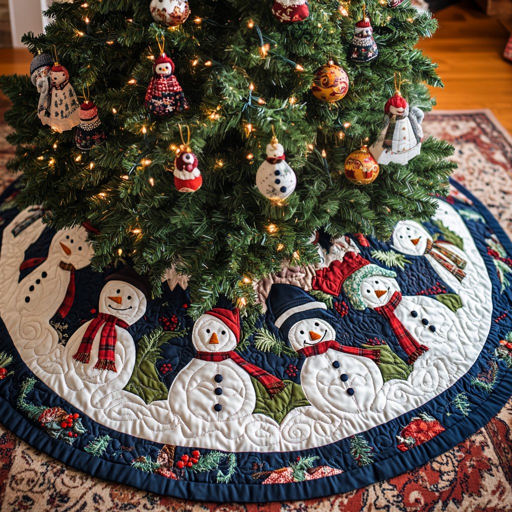 Snowmen in Hats on the Navy Band Christmas Tree Skirt