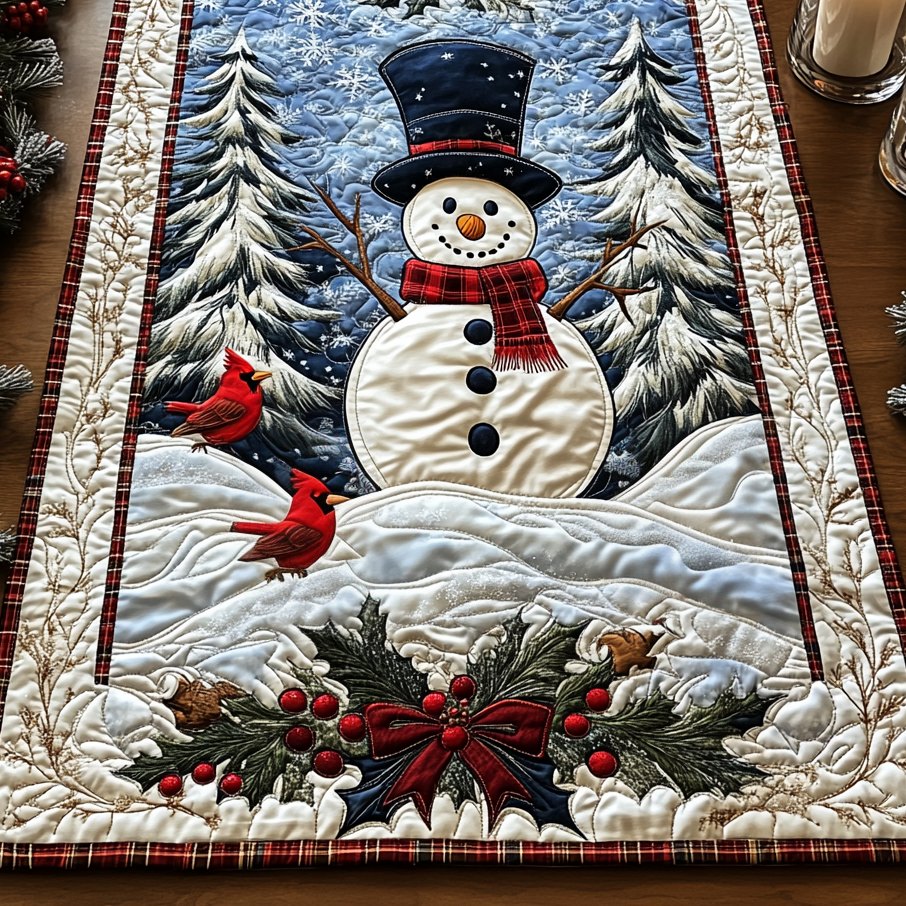 Snowman with Cardinals in the Snow Table Runner