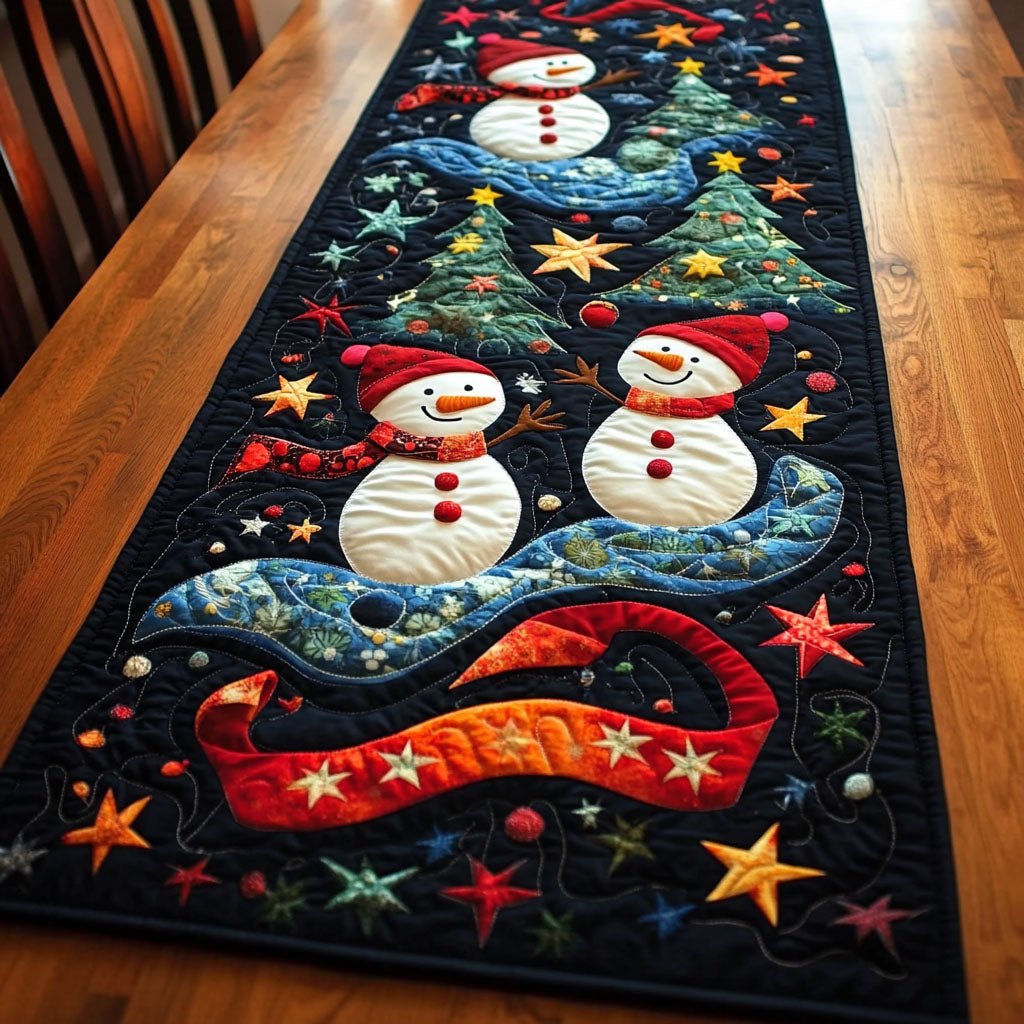 Snowmen with Red Scarf on Stars Table Runner