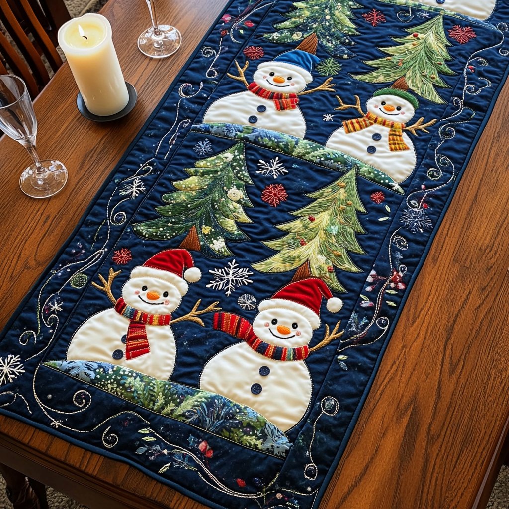 Snowmen with Trees on Navy Table Runner