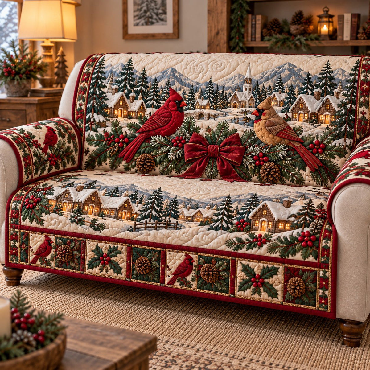 Snowy Village Cardinal Sofa Cover