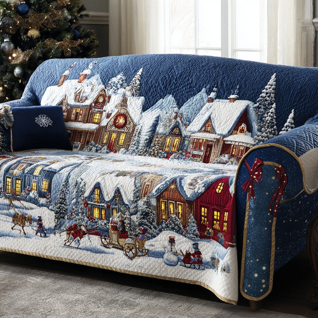 Red Rooftops and Skaters in the Snow Sofa Cover