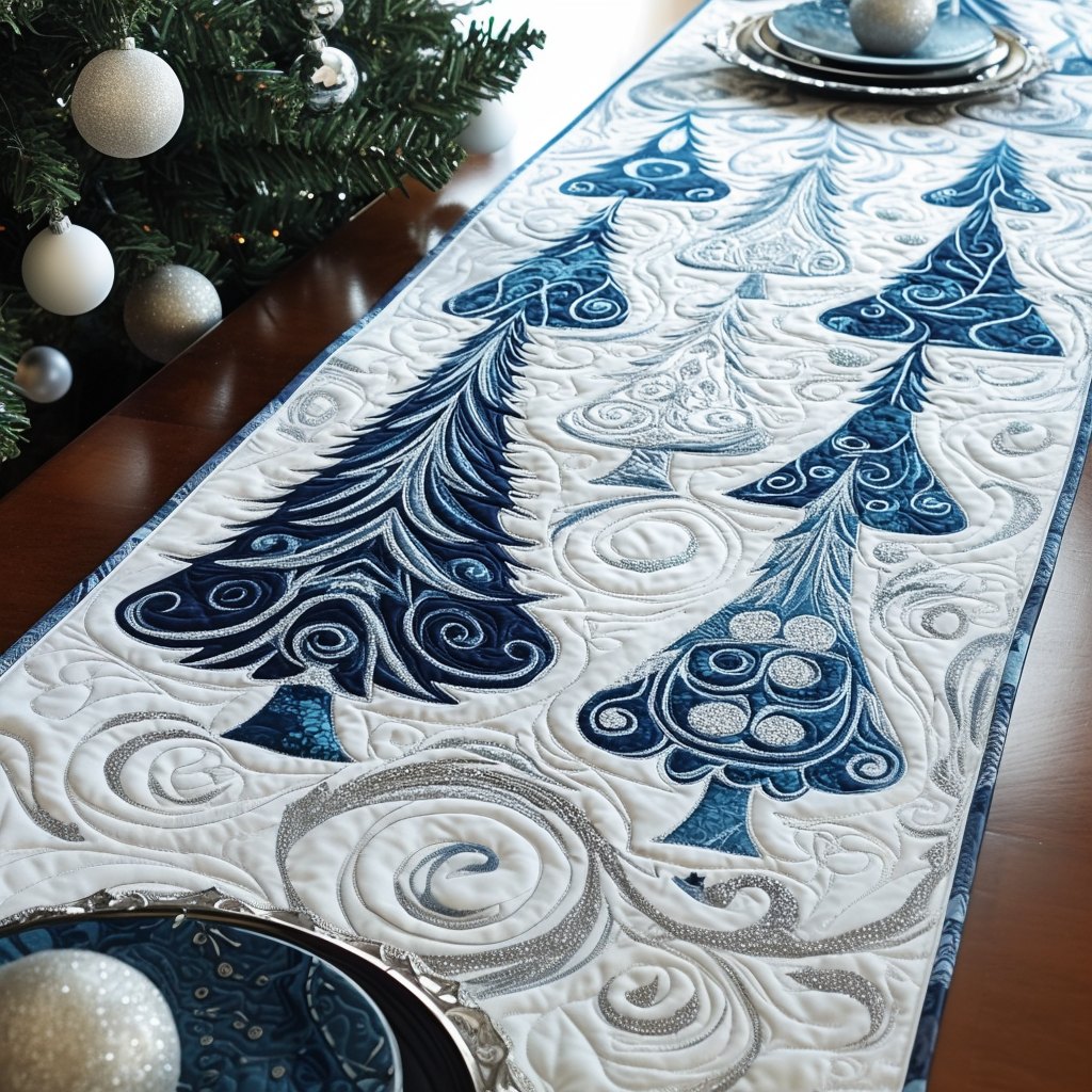 Blue Christmas Trees on White Table Runner