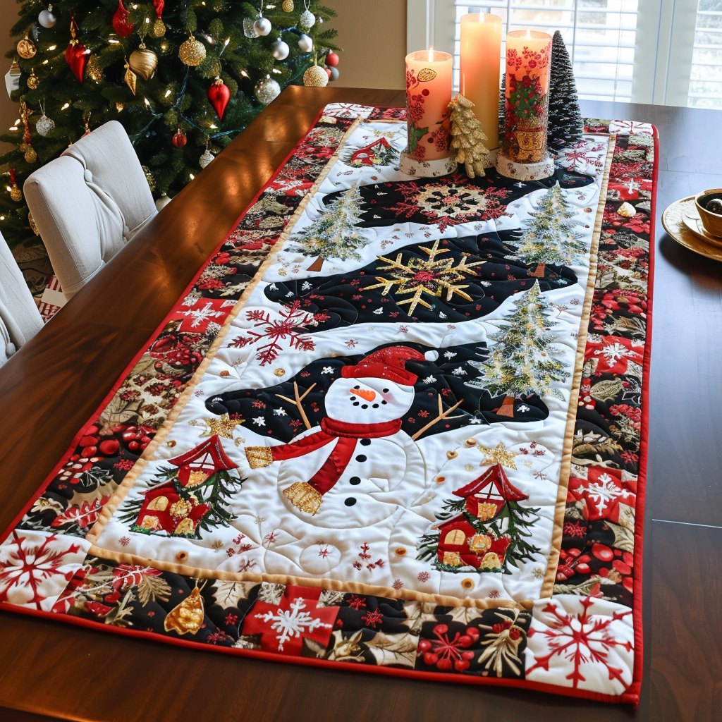 Snowmen on Red and Black Blocks Table Runner