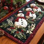 Snowman with Holly on Dark Green Table Runner