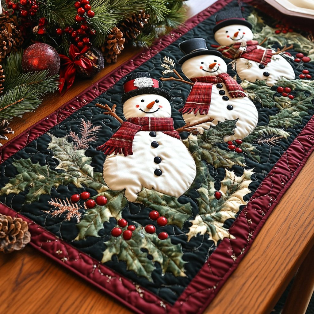 Snowman with Holly on Dark Green Table Runner