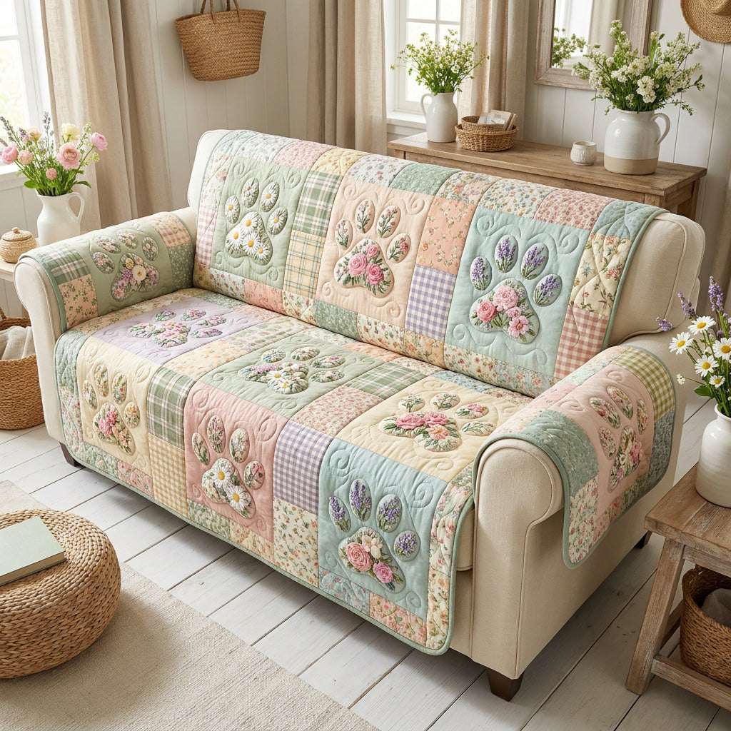 Paw Prints on Pastel Floral Squares Sofa Cover