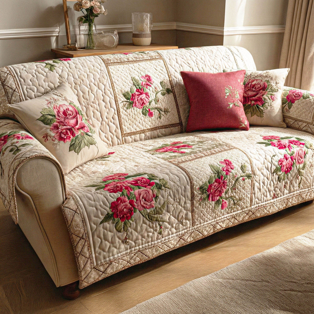 Pink Roses on Cream Quilt Sofa Cover