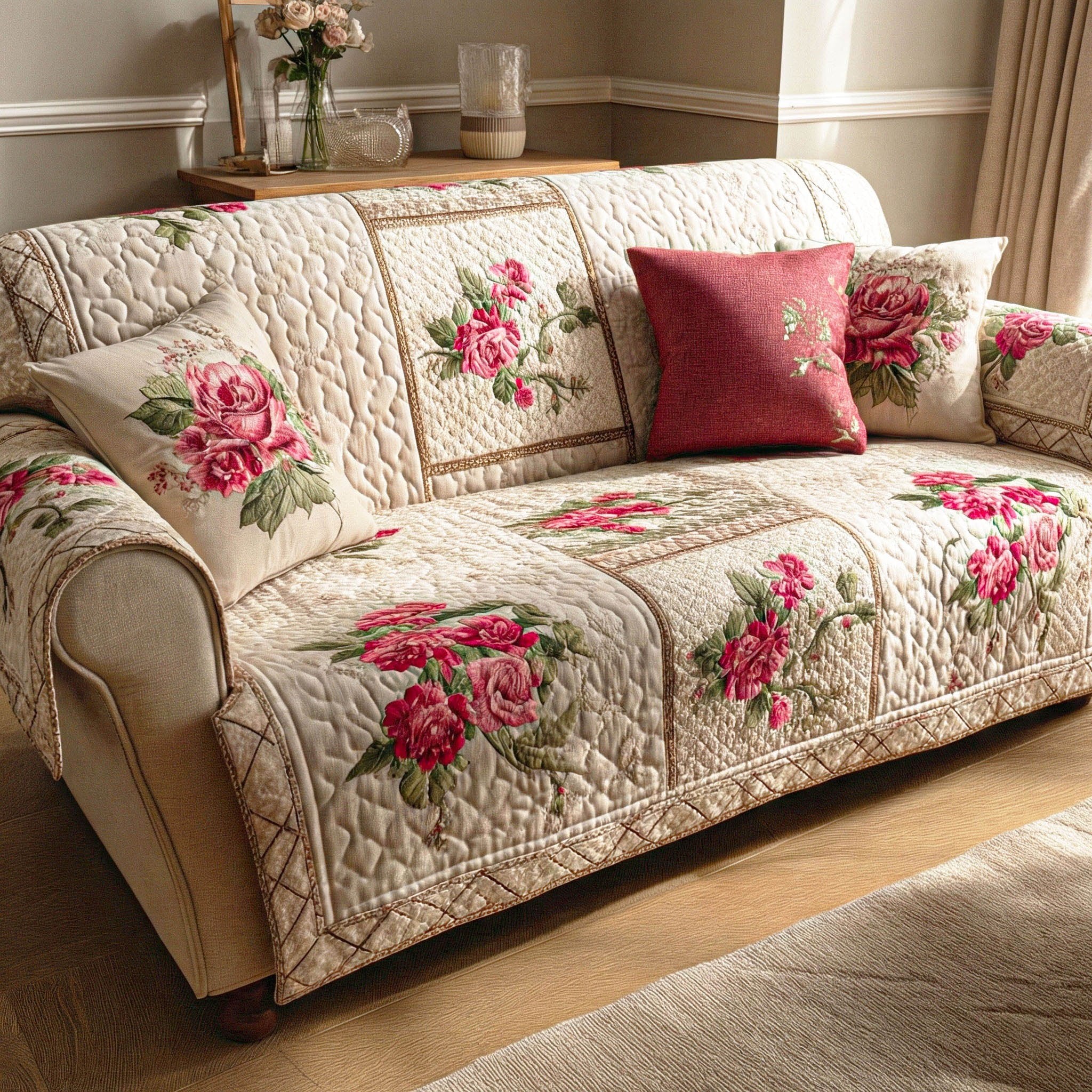 Pink Roses on Cream Quilt Sofa Cover