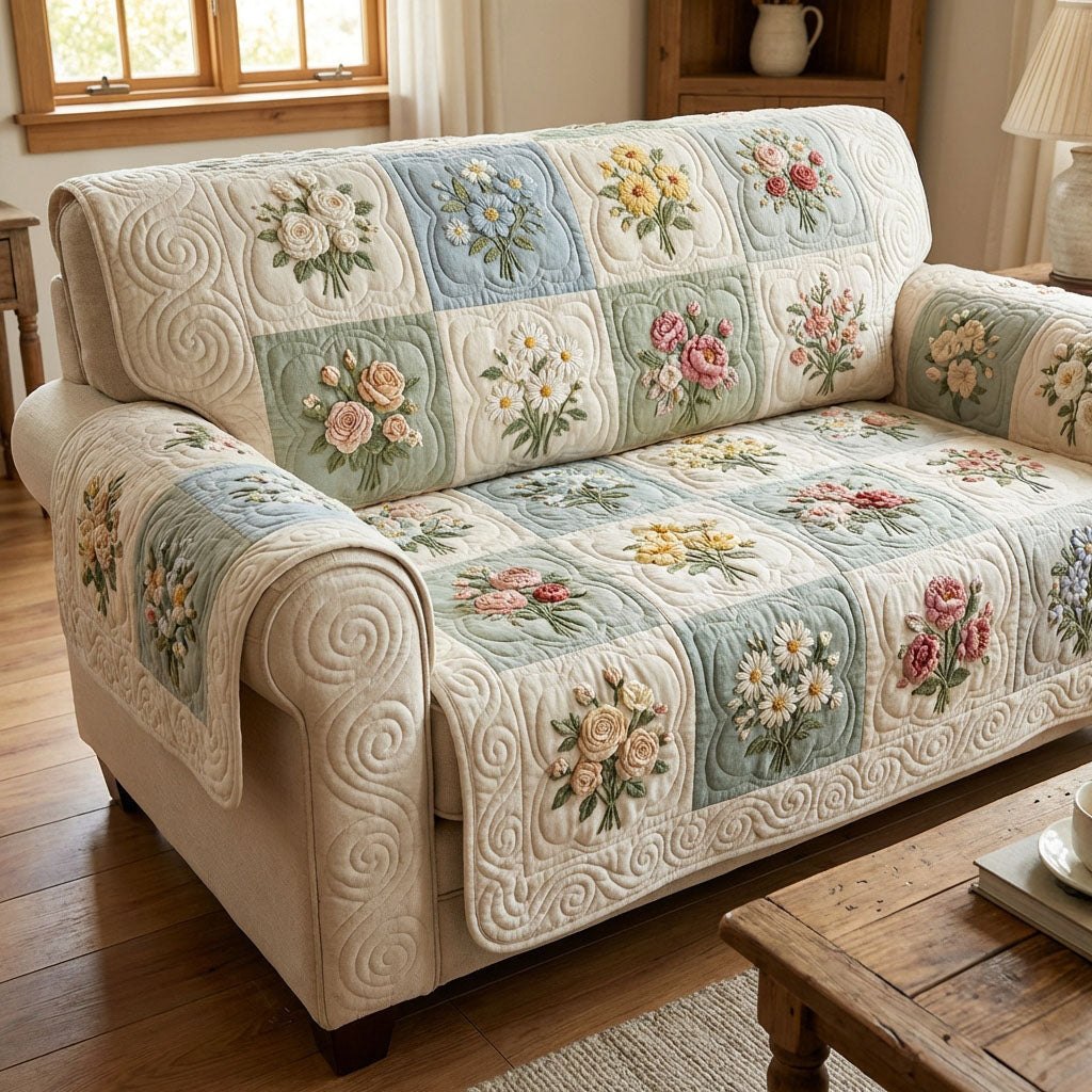 Flowers on Pale Blue and Cream Sofa Cover