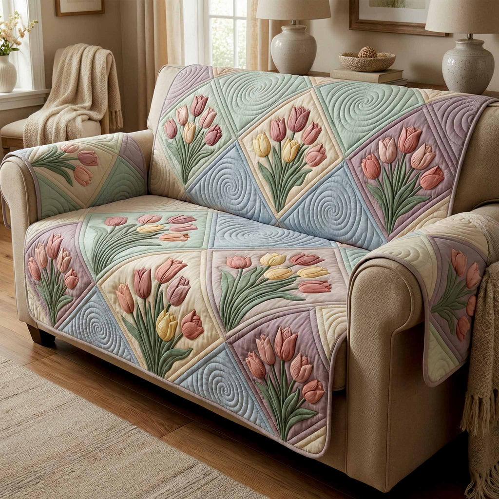 Tulips on Soft Pastel Squares Sofa Cover
