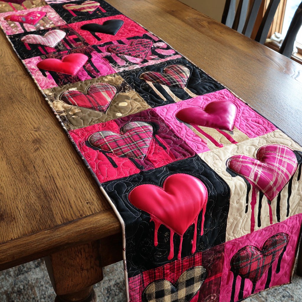 Pink Hearts on Black Plaid Table Runner
