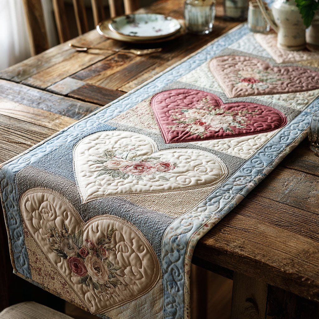 Pink Heart on Grey and Cream Table Runner