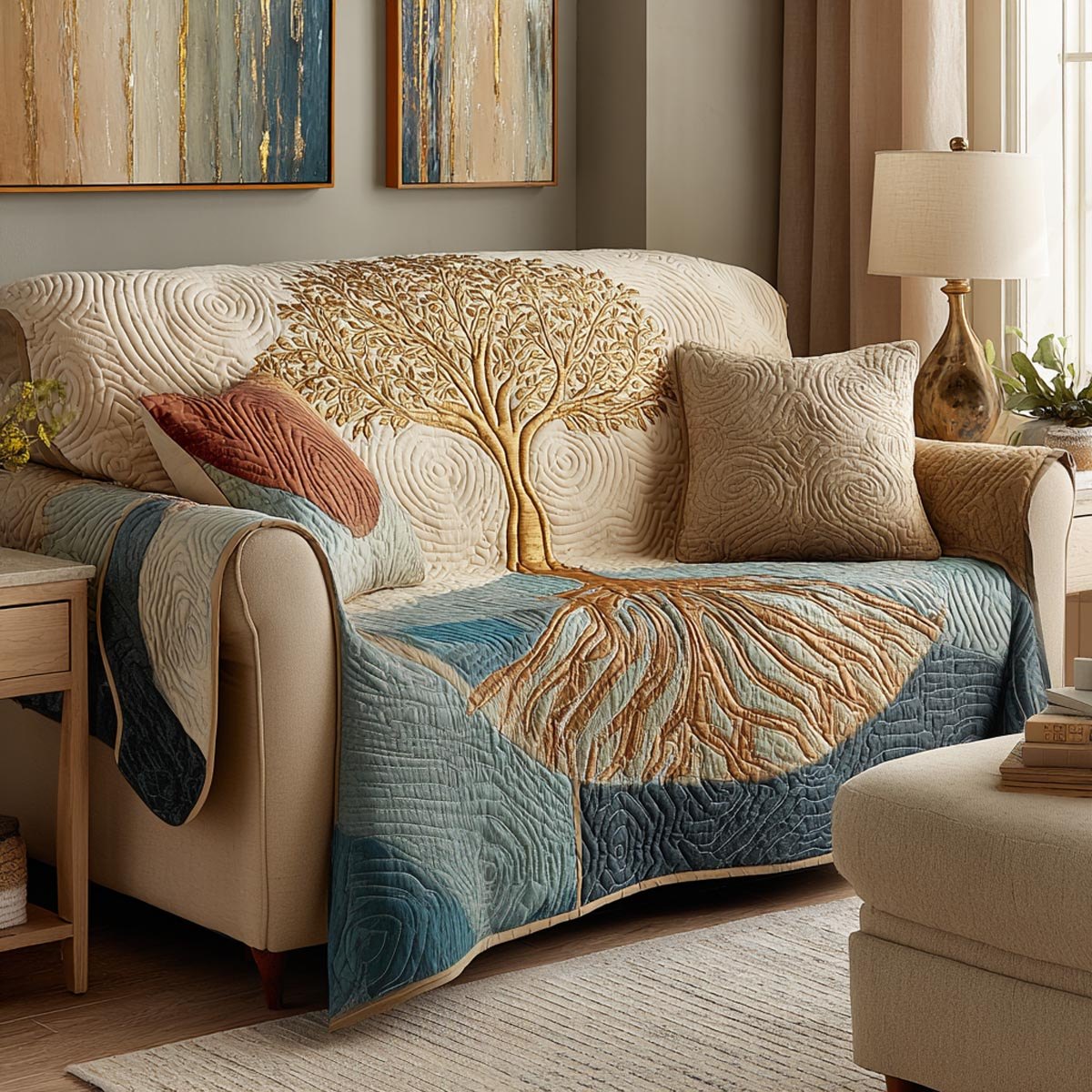 Golden Tree on Pale Blue Quilt Sofa Cover