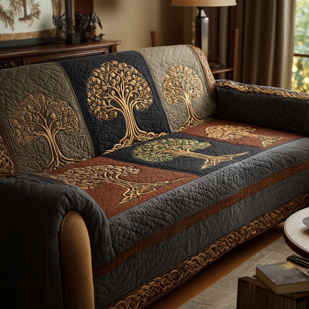 Trees on Dark Blue and Rust Squares Sofa Cover