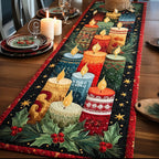 Candles with Holly on Red Table Runner