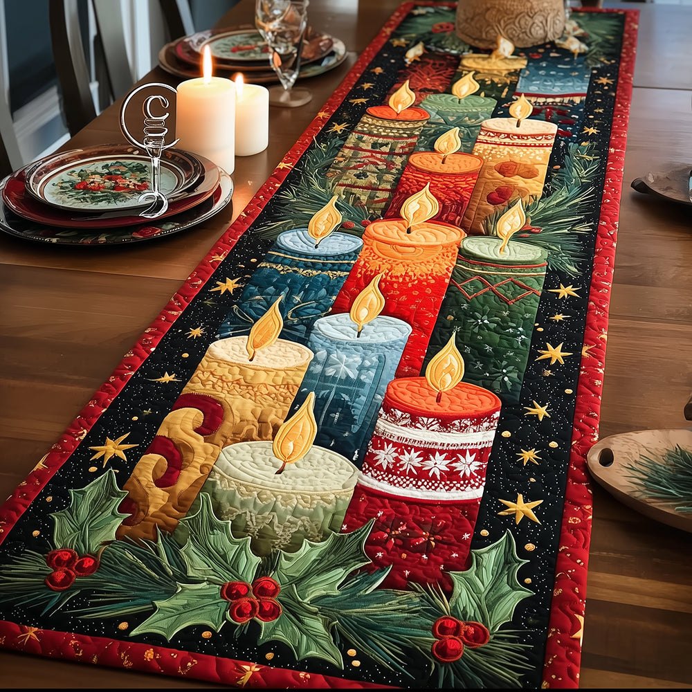 Candles with Holly on Red Table Runner