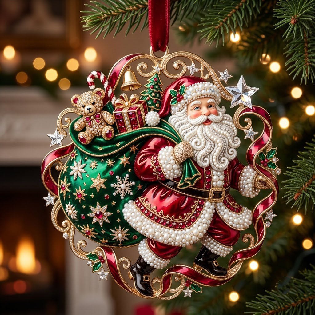 Jeweled Santa Toy Sack Christmas Ornament