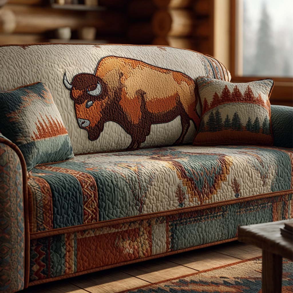 Bison on Southwest Patchwork Sofa Cover