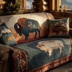 Bison on Green and Rust Patches Sofa Cover
