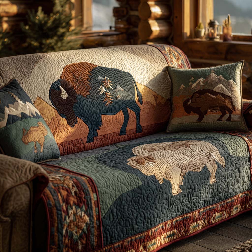 Bison on Green and Rust Patches Sofa Cover