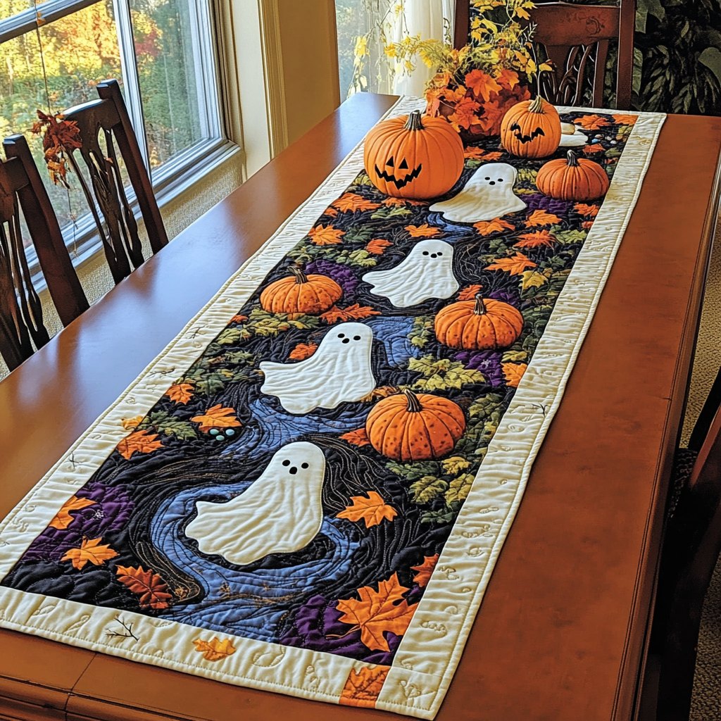 Ghosts with Pumpkins on Black Table Runner