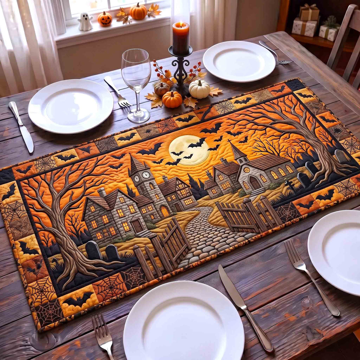 Spooky Moonlight Town Table Runner