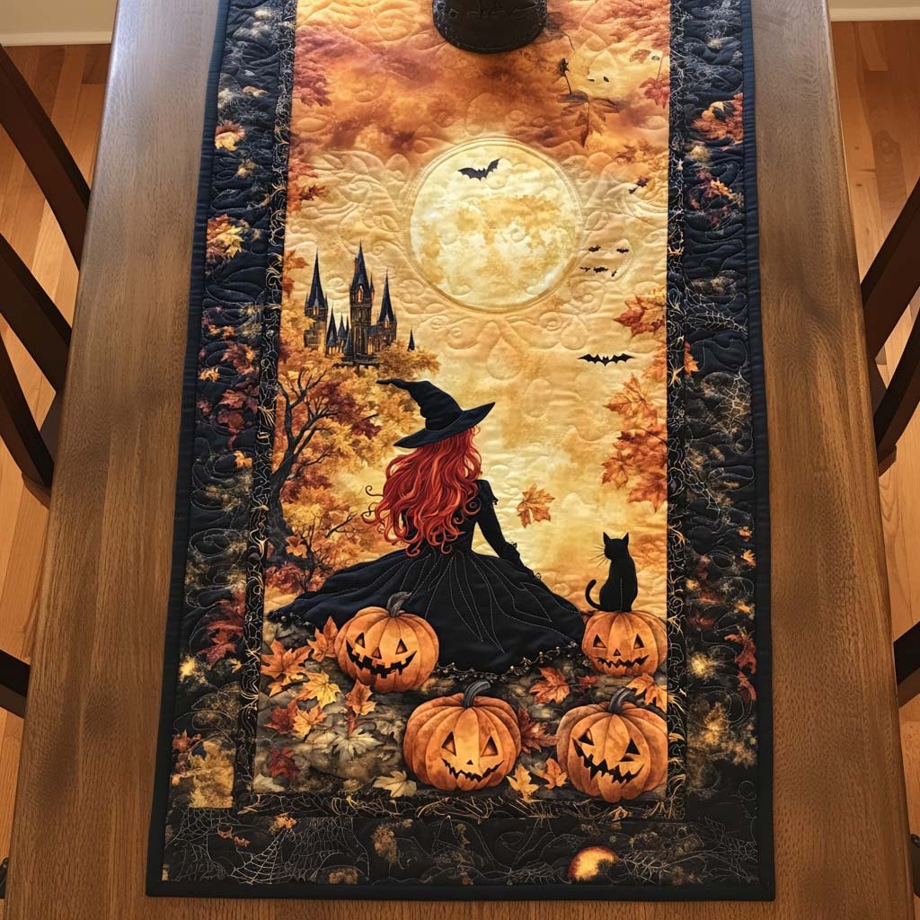 Witch and Cat Under the Moon Table Runner