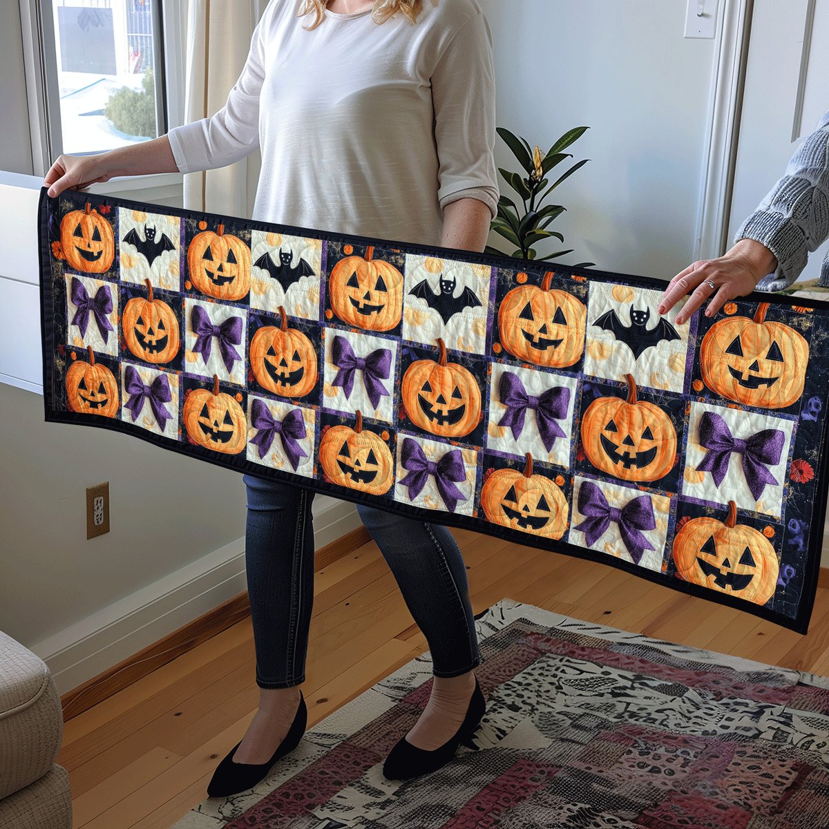 Pumpkin and Bat Blocks in Purple Table Runner