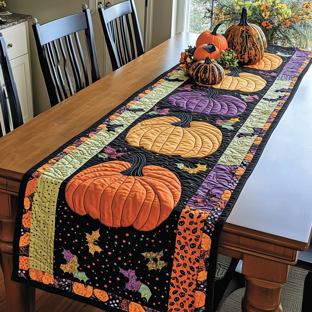 Pumpkins on Black with Stars Table Runner