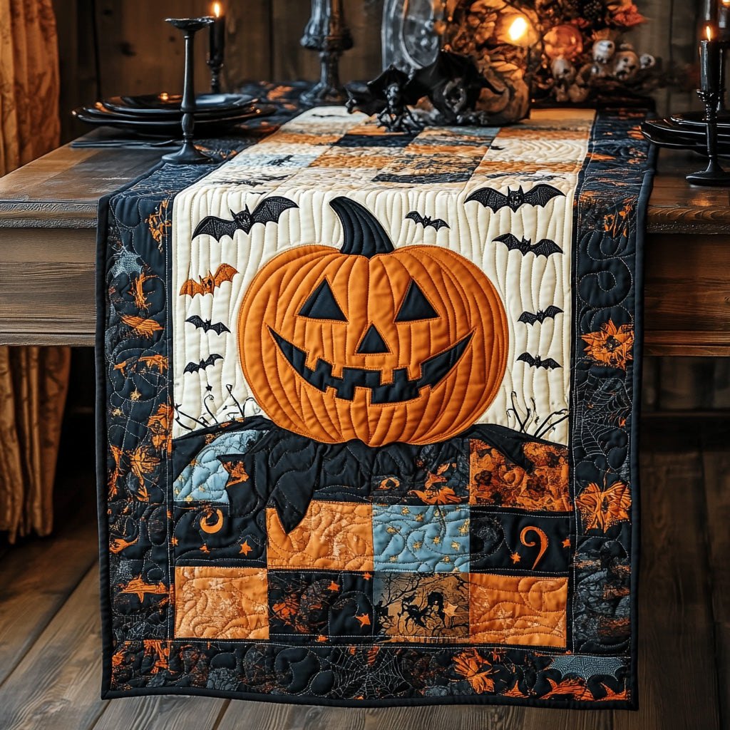 Jack o Lantern with Flying Bats Table Runner