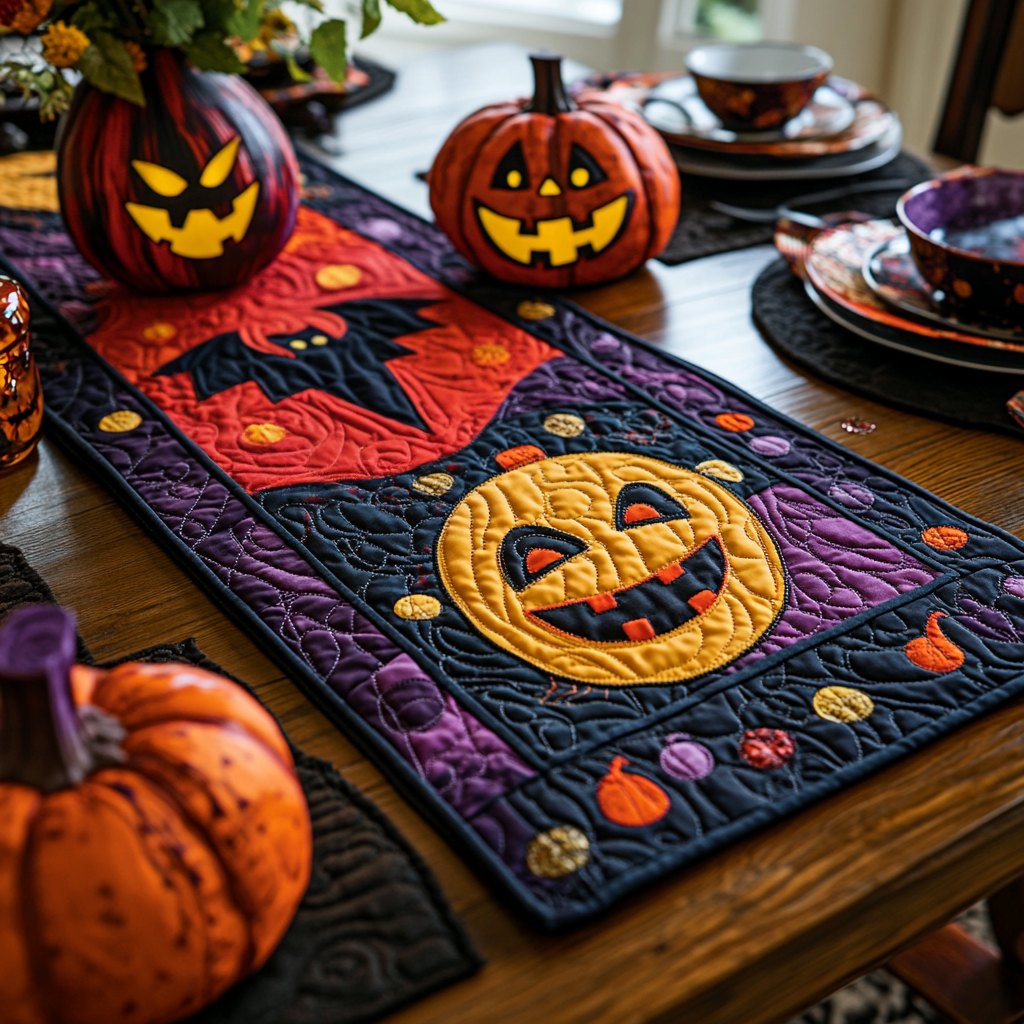 Jack o Lantern on Purple Panel Table Runner