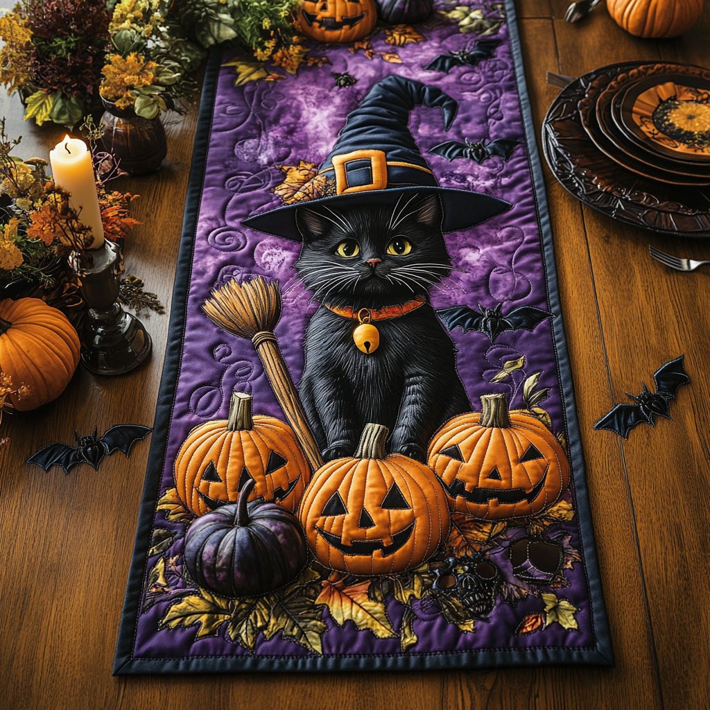 Spooky Whimsy Black Cat Table Runner
