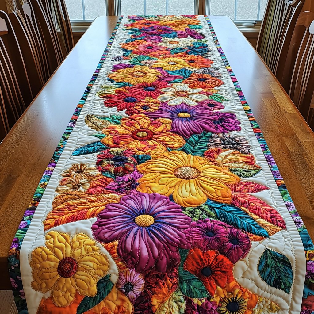 Dense Bright Flowers on Cream Table Runner