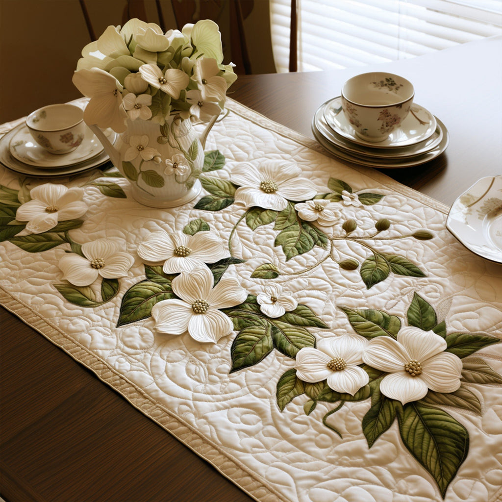 White Dogwood on Cream Tonal Table Runner
