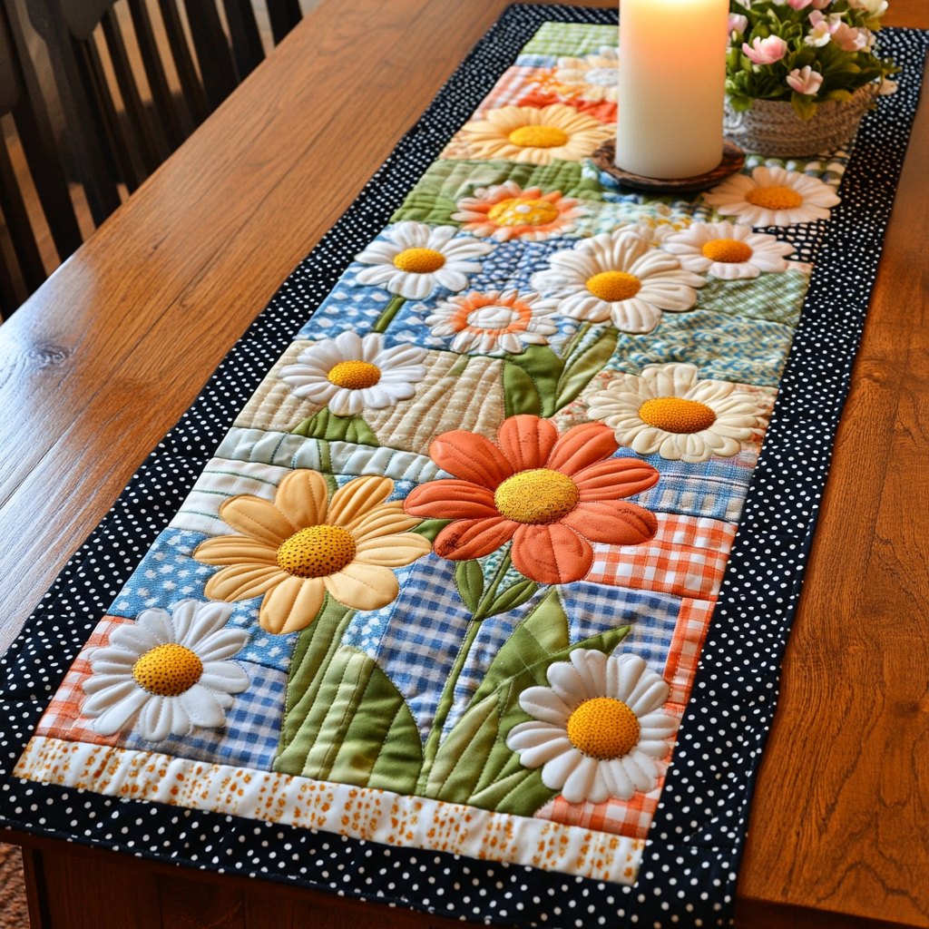 Daisies on Blue Plaid Table Runner