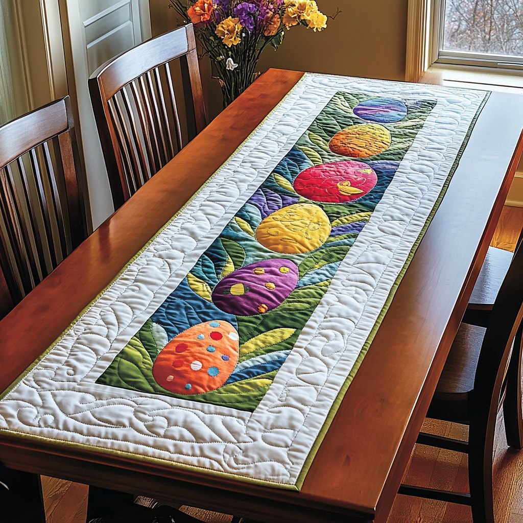 Easter Eggs on Green Blocks Table Runner