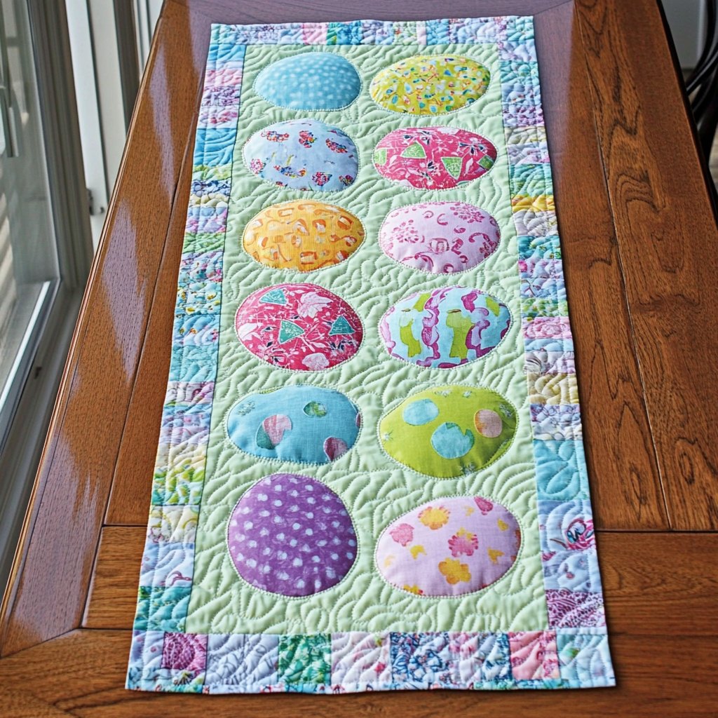Pastel Eggs on Green Panel Table Runner
