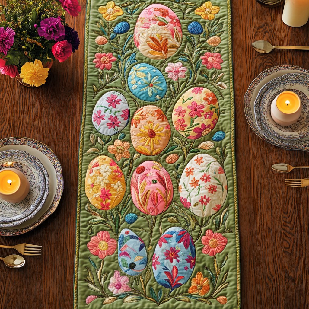 Easter Eggs with Flowers on Green Table Runner