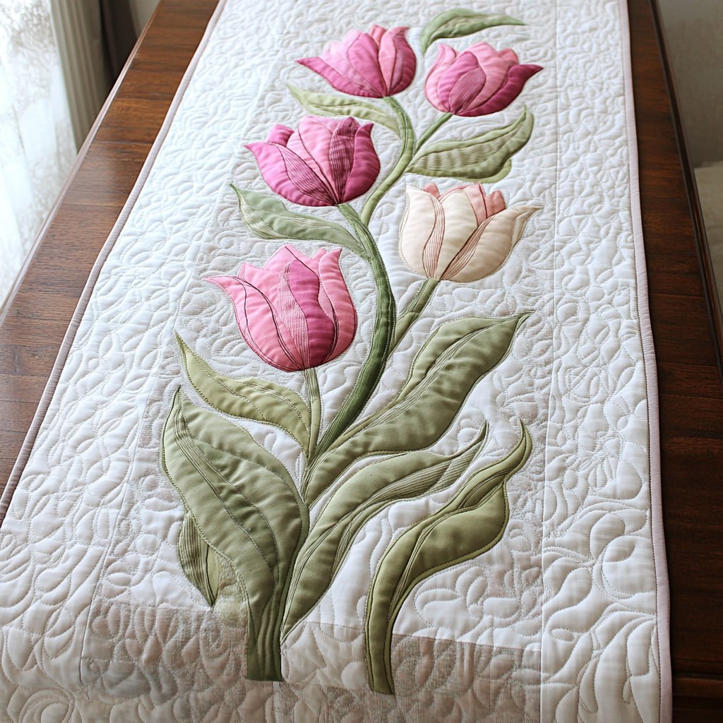 Pink Tulip on Cream Quilting Table Runner