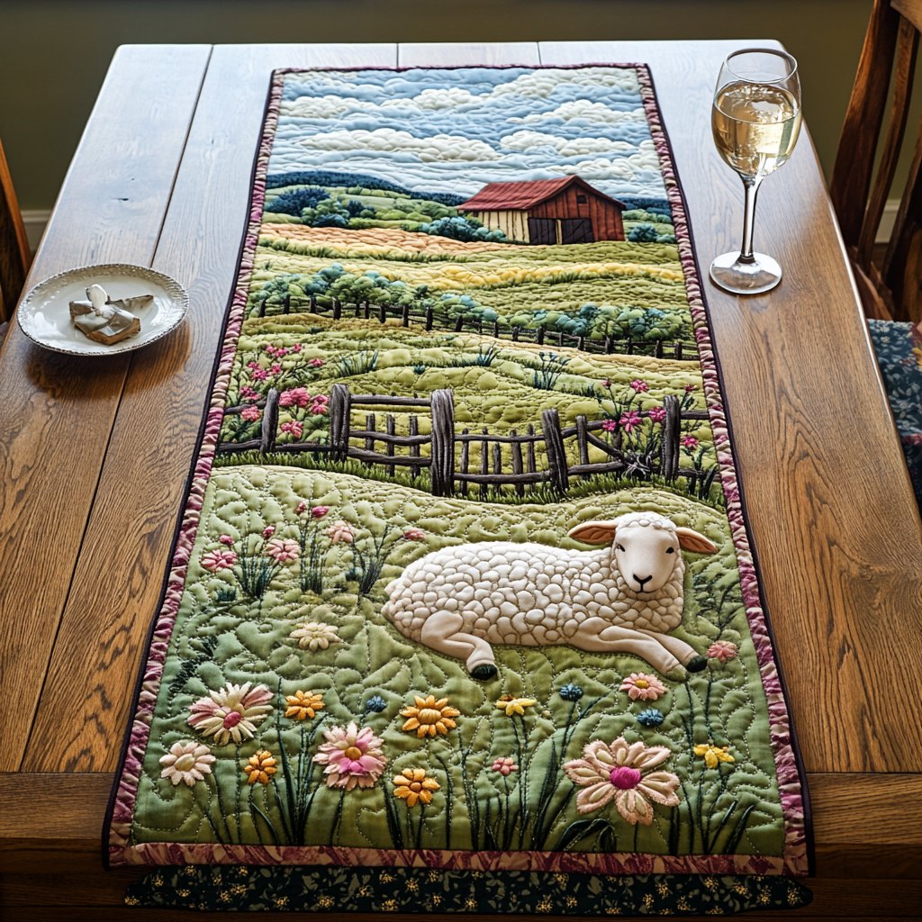 Lamb in Green Pasture with Barn Table Runner