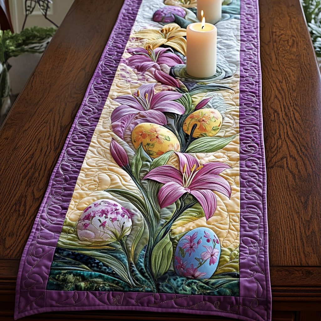 Lilies and Easter Eggs on Purple Table Runner