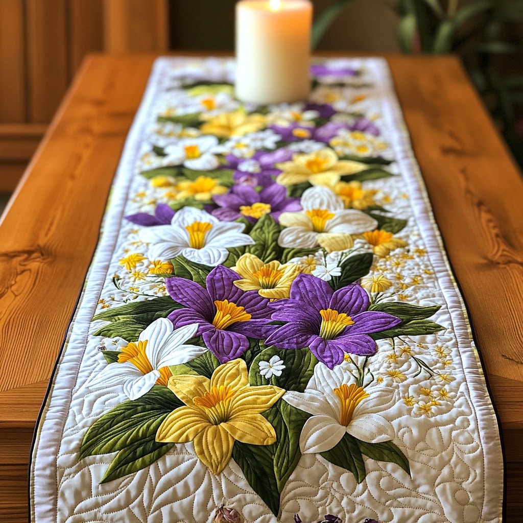 Daffodils and Crocus on Cream Table Runner