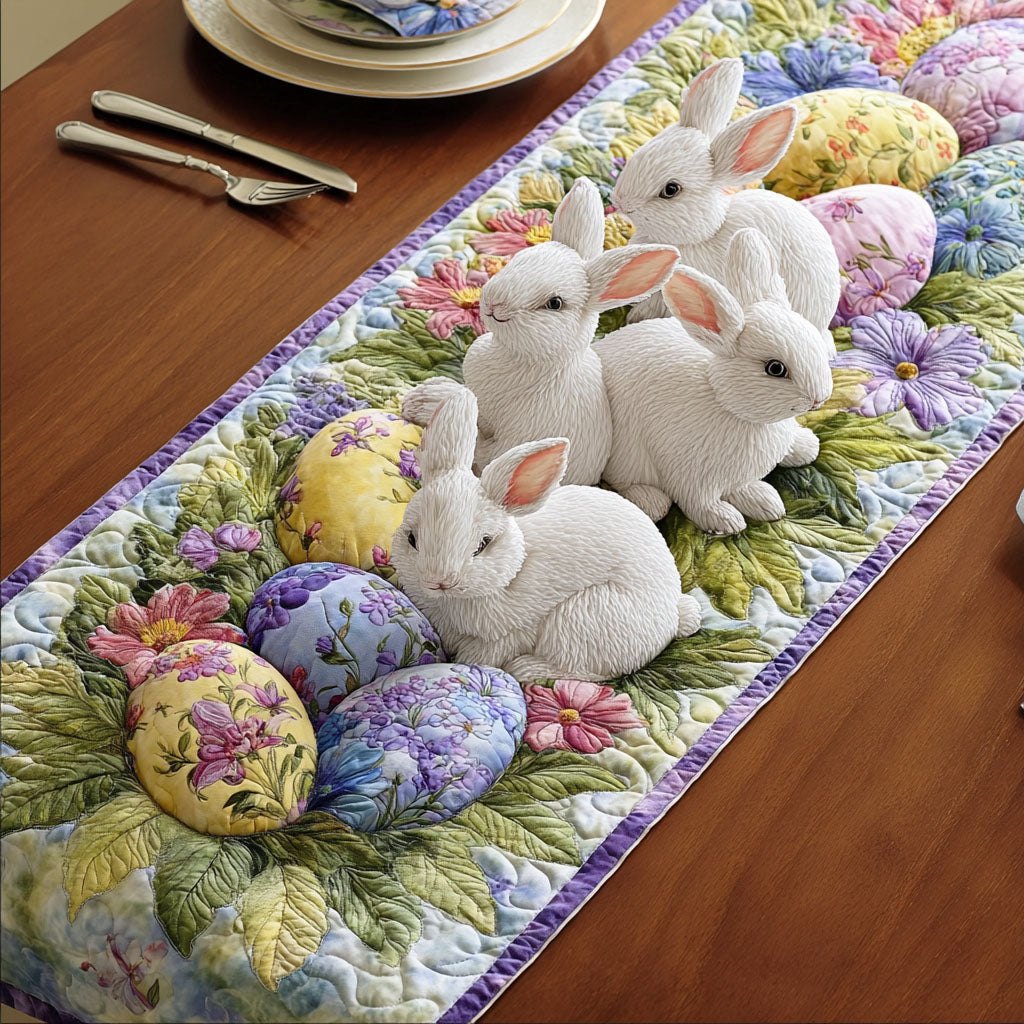 Bunnies with Pastel Eggs and Flowers Table Runner