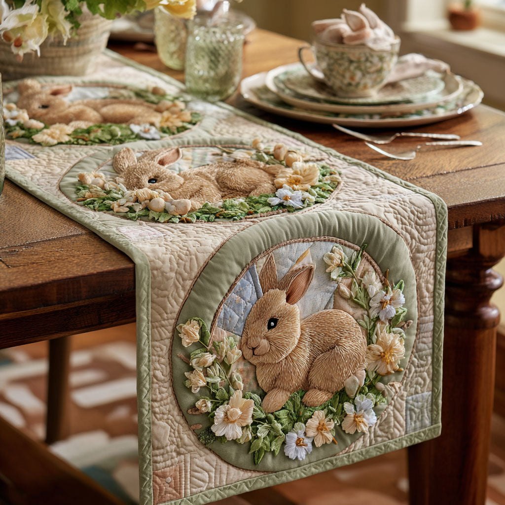 Bunny in Floral Arch on Sage Table Runner