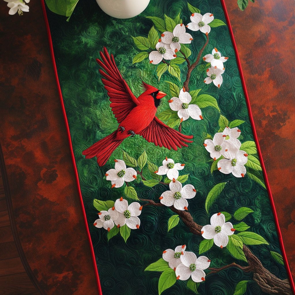 Cardinal with White Dogwood Blooms Table Runner