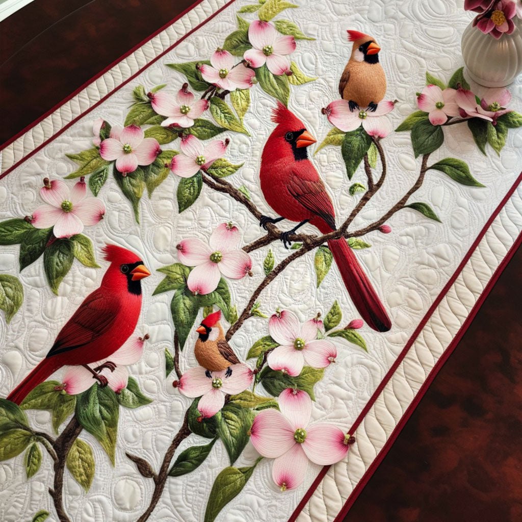 Cardinals in the Pink Blossom Tree Table Runner