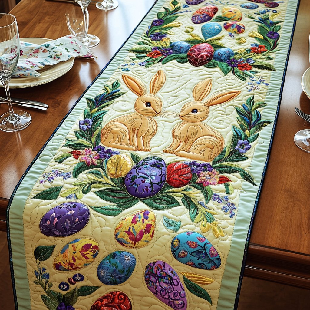 Bunnies with Eggs on Green Table Runner
