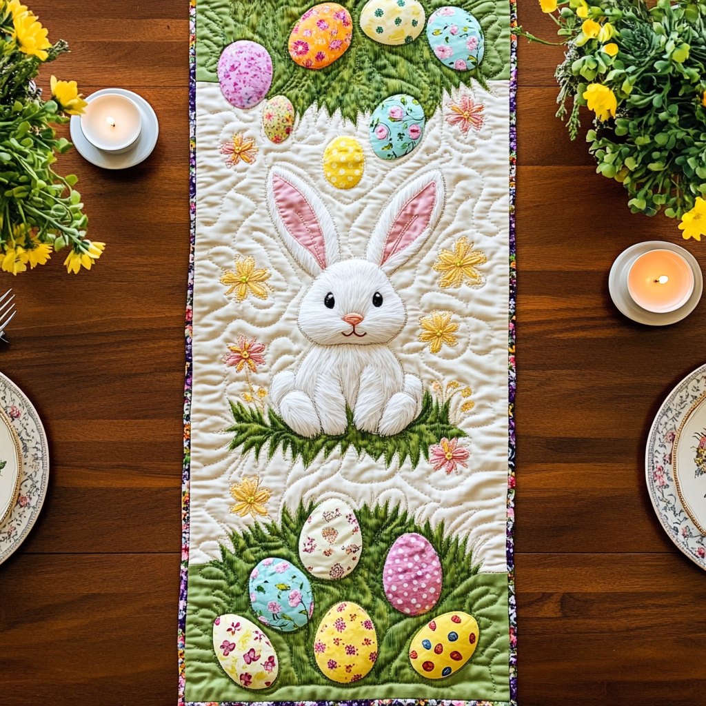 White Bunny with Eggs on Cream Table Runner