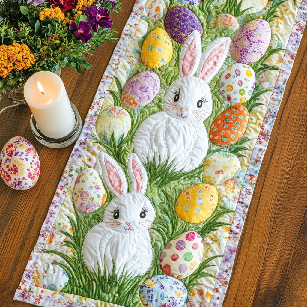 Two Bunnies Among Easter Eggs Table Runner